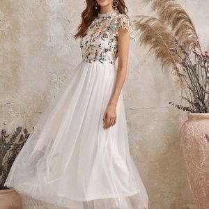 Frilled Neck Floral Embroidered Mesh Dress